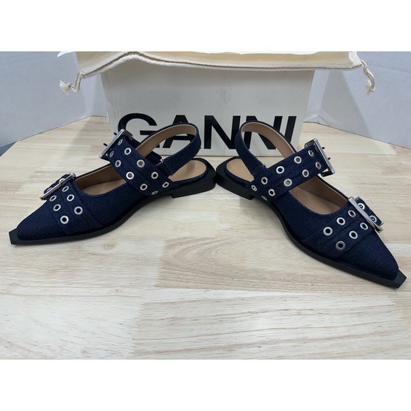 Ganni Size 39 Double-Buckled Blue Denim Ballerina Shoes Flats - NEW - Picture 8 of 11
